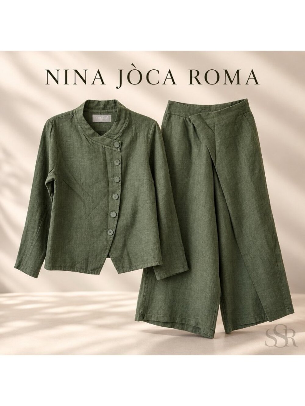 Nina Jòca Roma Linen 2 Piece Pant Suit Size M Olive Green Made in Italy Classic